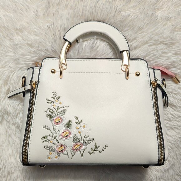 Embroidered Satchel w/ Crossbody Strap & Cat Coin Purse - White Faux Leather - Picture 4 of 12